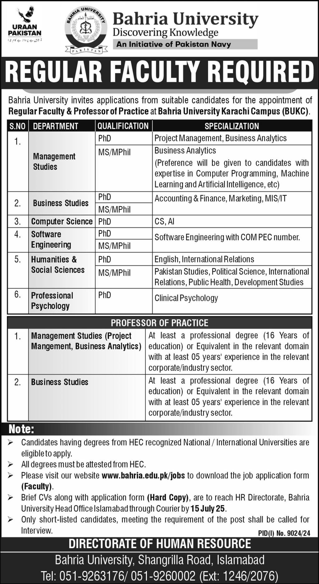 Jobs in Bahria University Islamabad